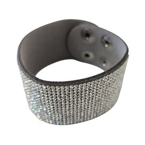 Grey Faux Suede‎ Rhinestone Cuff Bracelet Wide Sparkly Crystal Snap Wrap Band